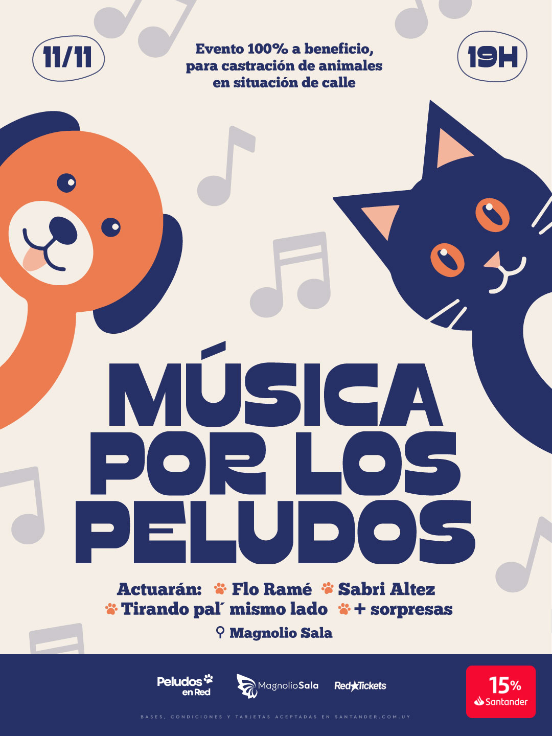 Música por los peludos - Evento 100% a beneficio, para castración de animales en situación de calle. Actuarán: Flo Ramé, Sabri Altez, Tirando pal´mis en Magnolio Sala